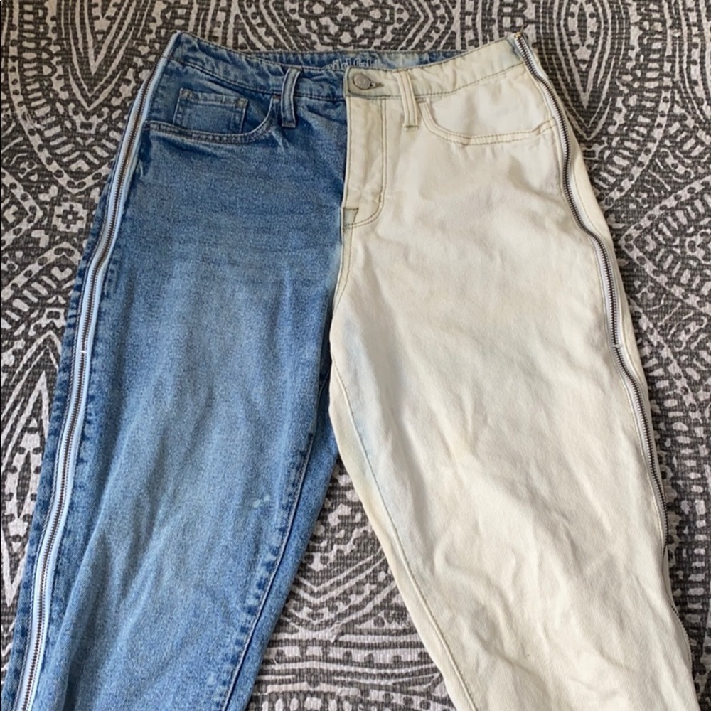 Half bleached high rise mom jeans with zippers